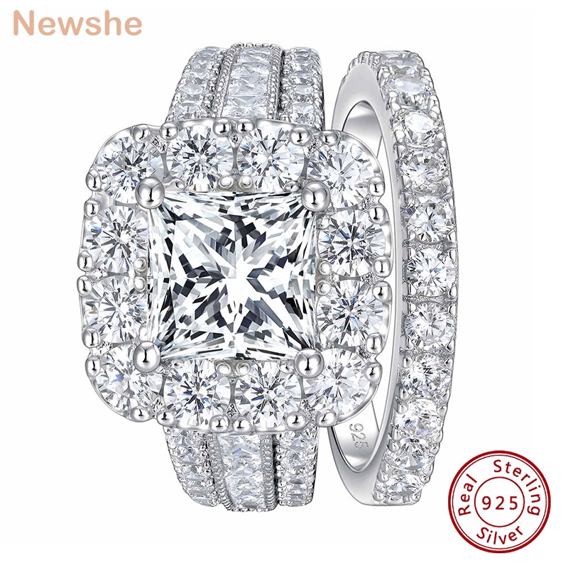Moissanite Engagement Ring 1 Carat - Newshe ชุดแหวนแต่งงานเงินแท้ 925 2 ชิ้น สำหรับผู้หญิง
