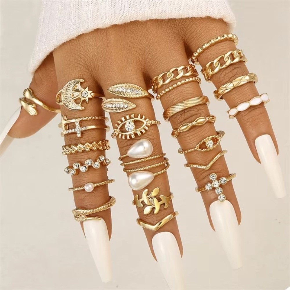 Vintage Punk Knuckle Rings Set - ชุดแหวนวินเทจพังก์ 23 ชิ้น/ชุด สีทอง/สีเงิน แหวนมุกซ้อนกันได้หลายชั้น ชุดแหวนรูปทรงเรขาคณิต