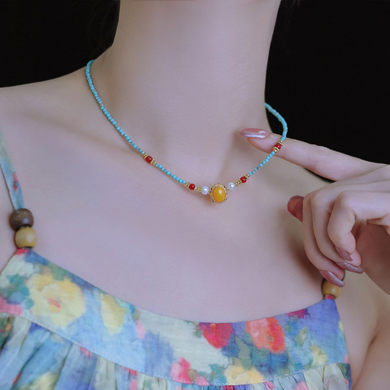 Pearl Choker Necklace Vintage - สร้อยคอไข่มุกน้ำจืดธรรมชาติสีฟ้าเทอร์ควอยซ์วินเทจประดับด้วยขี้ผึ้งและทอง 14K สำหรับผู้หญิง