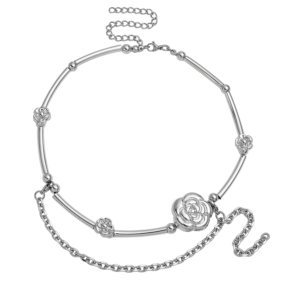 Layered Pendant Necklace Aesthetic - สร้อยคอโชคเกอร์ดอกคามิเลียสไตล์ Y2K สีเงิน ลูกปัดทรงท่อ โซ่สองชั้น จี้ดอกไม้