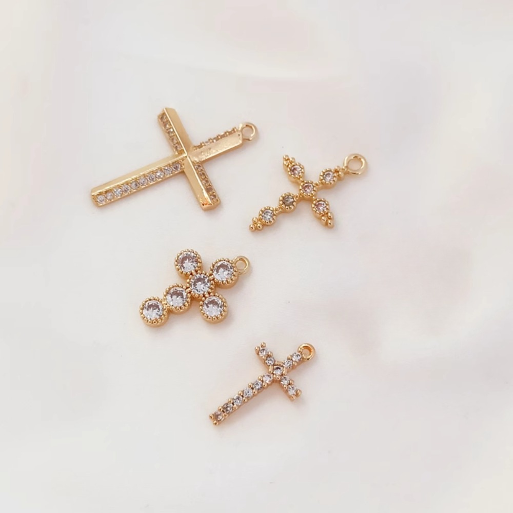 Cross Pendant Necklace Gold - สร้อยข้อมือจี้รูปกางเขนประดับเพทายชุบทอง 14K, จี้สร้อยคอ, ต่างหู DIY และเครื่องประดับ