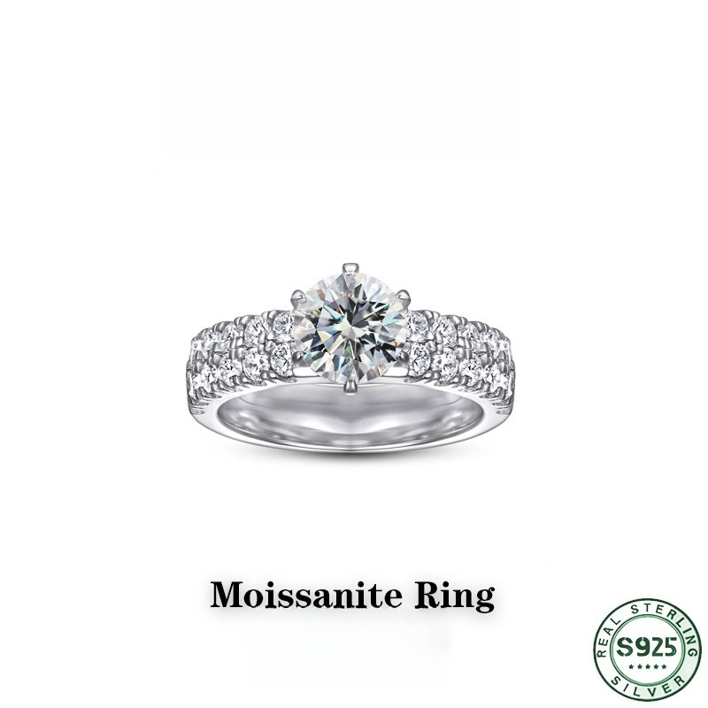 Moissanite Engagement Ring 1 Carat - แหวนเพชรโมอิสซาไนท์เงินแท้ 100% S925 ดีไซน์แฟชั่นขายดี แหวนเพชรโมอิสซาไนท์แถวคู่ 1