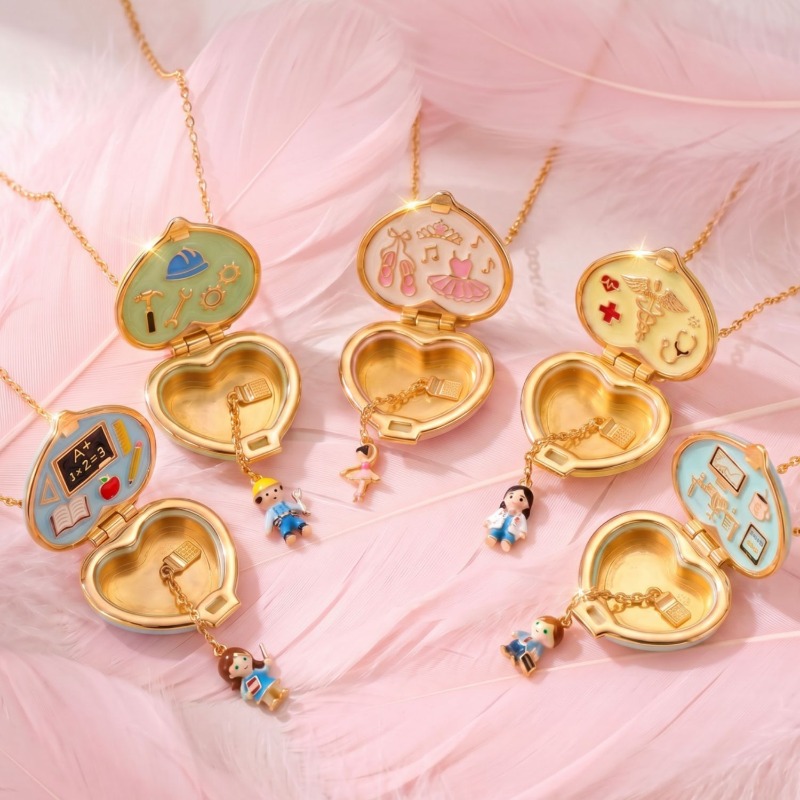 Heart Locket Necklace Photo - สร้อยคอจี้รูปหัวใจวินเทจพร้อมช่องใส่รูปภาพเคลือบสีสันสดใส จี้เปิดได้ลายการ์ตูน สร้อยคอสำหรับผู้หญิง
